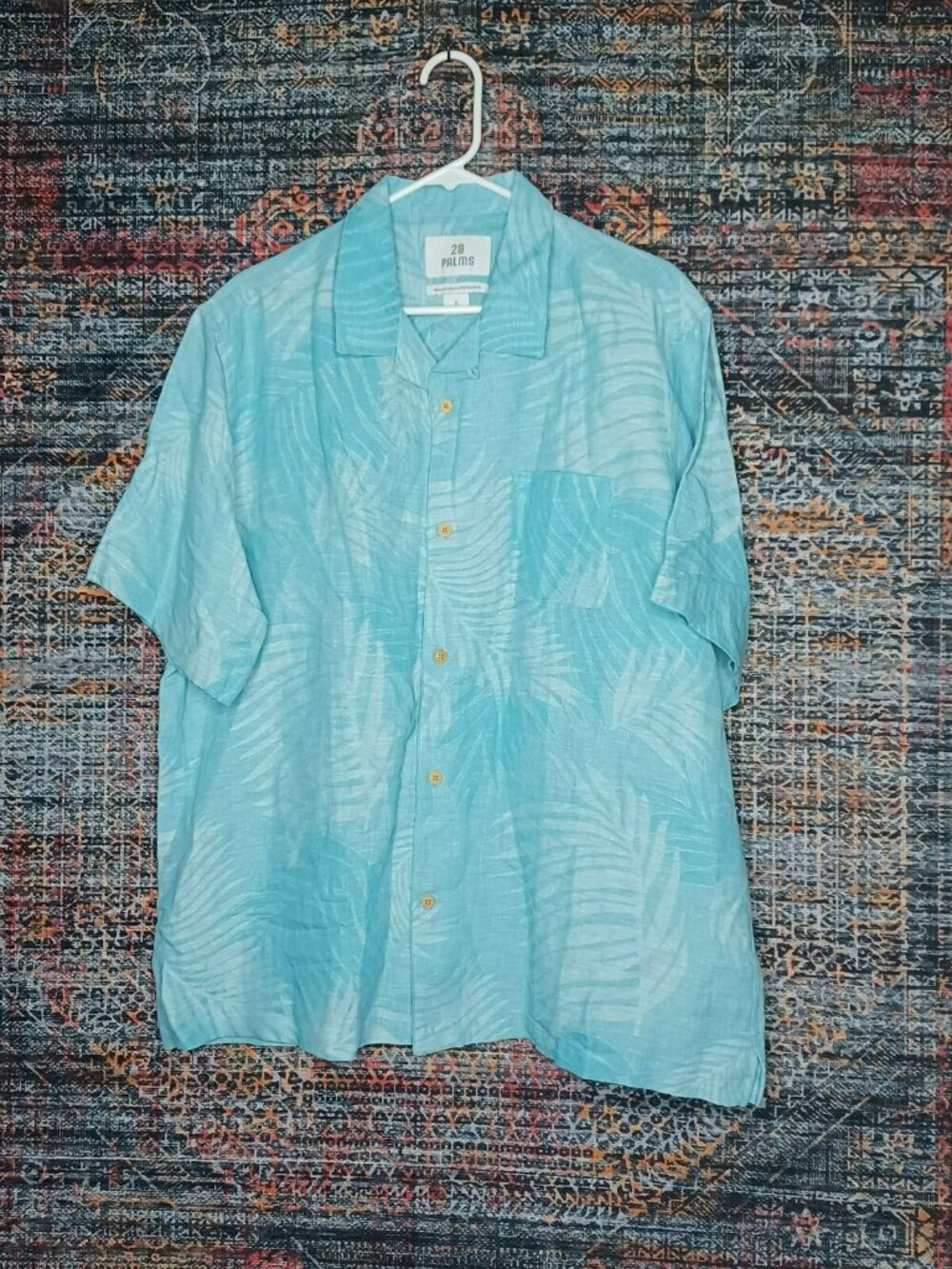 28 PALMS mens teal white ferns silk an linen relaxed Hawaiian shirt XL NWOT